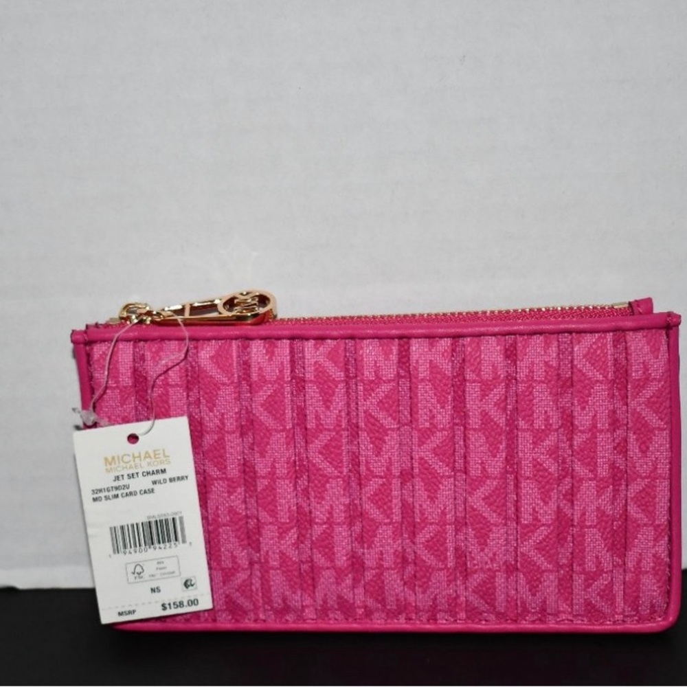 Michael Kors Signature Logo Medium Slim Card Case in Wild Berry with tags